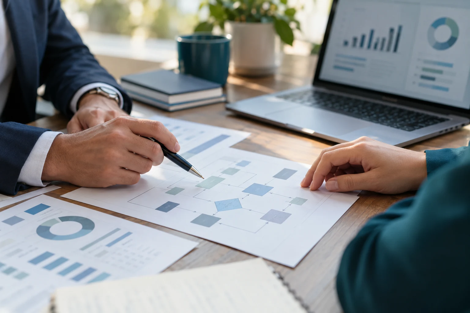Illustrative scene of professionals reviewing process maps and analytical information