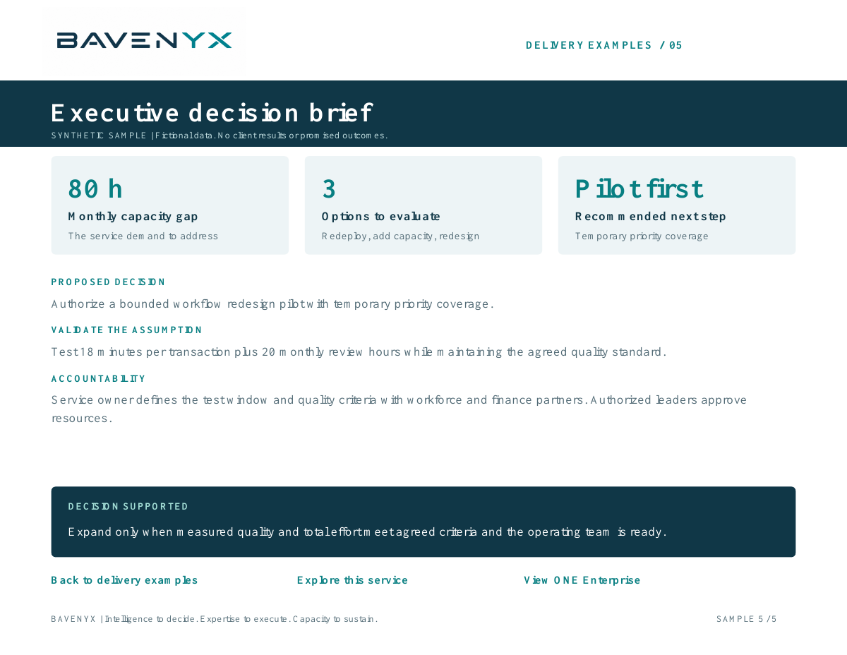 BAVENYX branded Executive decision brief sample dashboard. Fictional data; detailed values and explanation follow below.